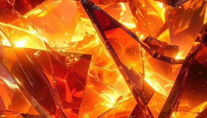 Fiery Amber Glass Shards: Abstract Composition with Intense Light and Reflections