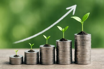 資産が段階的に増えていく様子を硬貨と芽吹く植物で表現した成長と投資のイメージ