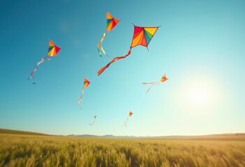 Vibrant Kite Flying Through the Wind under Blue Sky High Above Open Field