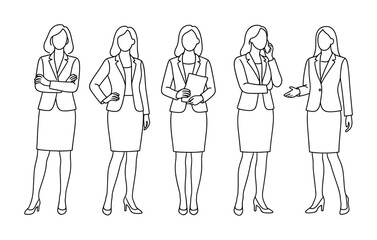 Minimal line art illustration of five professional businesswomen in suits standing in different poses, including presenting, holding documents, and phone call