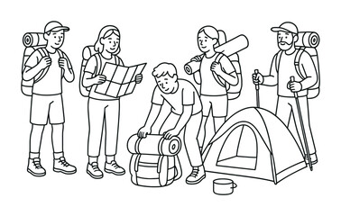 Obraz premium Outline illustration of a group of hikers camping with backpacks, map and trekking poles while setting up a tent at a wilderness campsite