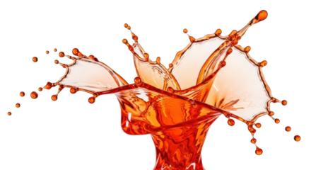 macro shot of highly detailed, transparent orange liquid forming perfect spheres and vortexes, captured mid-splash on a transparent background. concept for high-end abstract design
