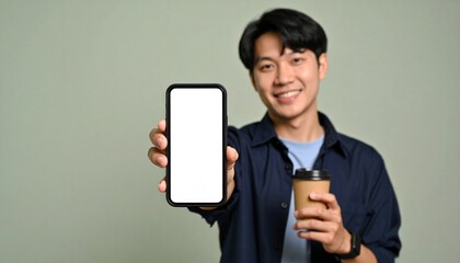 Smart tech in hand: A tech-savvy individual radiates warmth, presenting a blank smartphone screen alongside a takeaway drink, a portrait of modern life.
