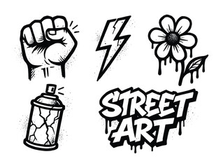 Fototapeta premium Black and white street art graffiti set with raised fist, lightning bolt, dripping flower, cracked spray paint can, and bold dripping typography