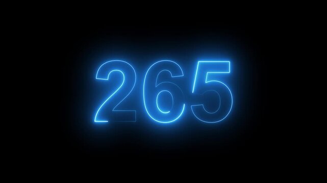 Abstract glowing Neon 265 number educational mathematics text icon animation on black background. a dynamic motion and glowing neon number countdown icon animation. 
