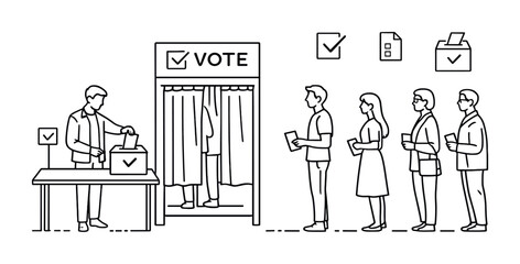 Line art illustration of voters standing in queue at a polling station, casting ballots at a booth with election icons and voting process concept