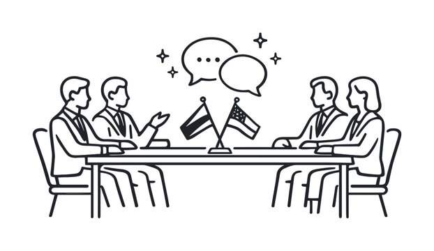 Line art illustration of diplomats negotiating at a conference table with national flags, dialogue bubbles, and collaborative international meeting
