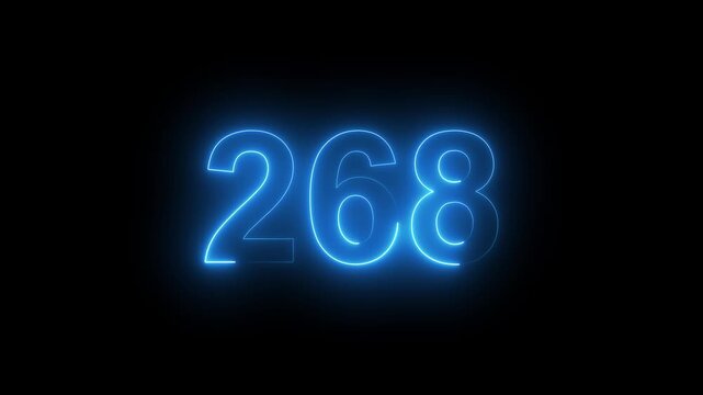 Abstract glowing Neon 268 number educational mathematics text icon animation on black background. a dynamic motion and glowing neon number countdown icon animation. 