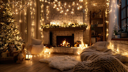 Nighttime Cozy Living Room with Warm Fairy Lights Glowing Christmas Ambiance on Transparent Background