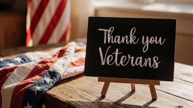 Thank you Veterans" sign on easel, folded flag on table, blurred flag in back