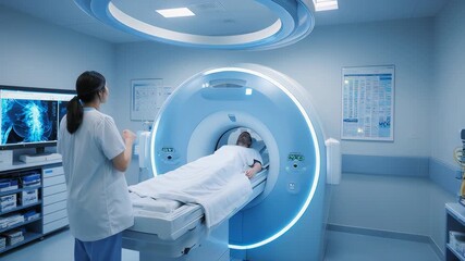 Technician monitors patient during medical imaging procedure in a sterile hospital room - Powered by Adobe