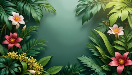 “Botanical background with tropical flowers and green leaves, fresh and lush look, bright natural lighting, clean composition, exotic yet commercial, Adobe Stock style”