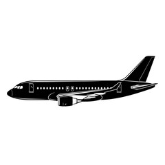 Vector icons Black silhouette of a modern passenger airplane side view isolated on a white background. EPS Editable