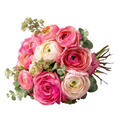 Pink Ranunculus Flowers Bouquet with Greenery isolated on transparent background