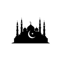 Vector icons Black silhouette of an Islamic mosque with crescent moon and star on a white background. EPS Editable