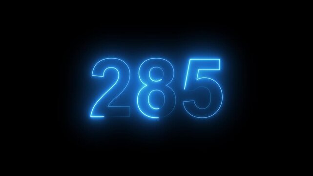 Abstract glowing Neon 285 number educational mathematics text icon animation on black background. a dynamic motion and glowing neon number countdown icon animation. 