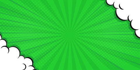 Fototapeta premium Abstract green comic background. Art pop cartoon backdrop. Halftone effect pattern. Fun anime texture. Starburst manga style bg. Mark popart radial gradient. Spiral, comic rays