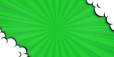Fotobehang Pop Art Abstract green comic background. Art pop cartoon backdrop. Halftone effect pattern. Fun anime texture. Starburst manga style bg. Mark popart radial gradient. Spiral, comic rays  © Abhi