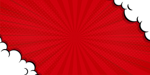 Obraz premium Abstract Red comic background. Art pop cartoon backdrop. Halftone effect pattern. Fun anime texture. Starburst manga style bg.
