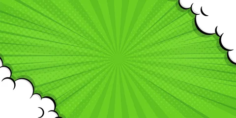 Fotobehang Pop Art Abstract green comic background. Art pop cartoon backdrop. Halftone effect pattern. Fun anime texture. Starburst manga style bg. Mark popart radial gradient. Spiral, comic rays  © Abhi