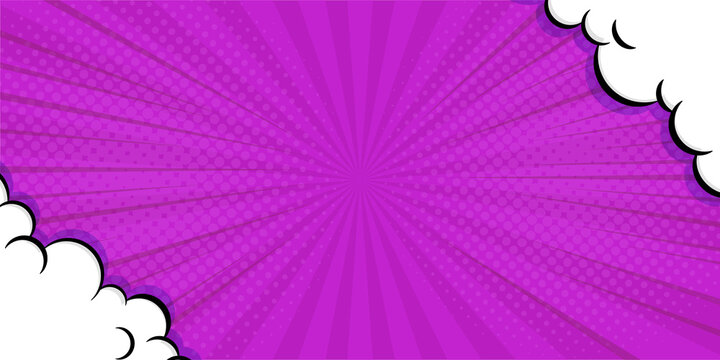 Abstract dark purple comic background. Art pop cartoon backdrop. Halftone effect pattern. Fun anime texture. Starburst manga. Mark popart radial gradient. Spiral, swirl, comic rays