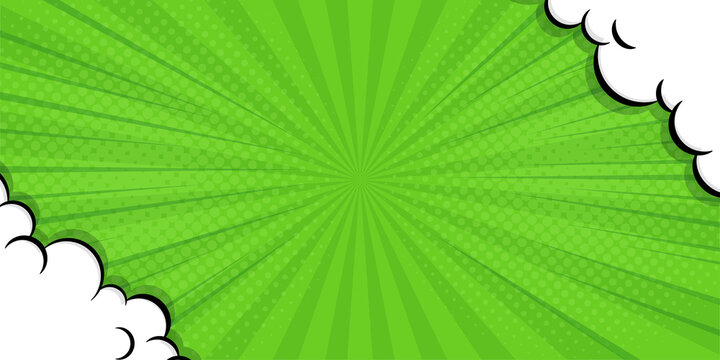 Abstract green comic background. Art pop cartoon backdrop. Halftone effect pattern. Fun anime texture. Starburst manga style bg. Mark popart radial gradient. Spiral, comic rays