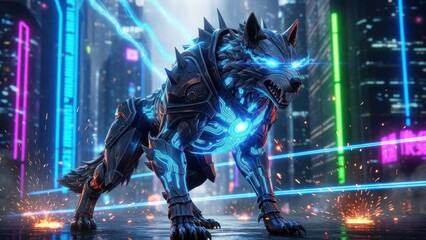 Cybernetic wolf with glowing blue eyes in a futuristic urban landscape