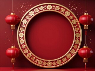 Red lanterns flank ornate golden circular frame adorned with floral motifs, festive confetti against deep red backdrop.