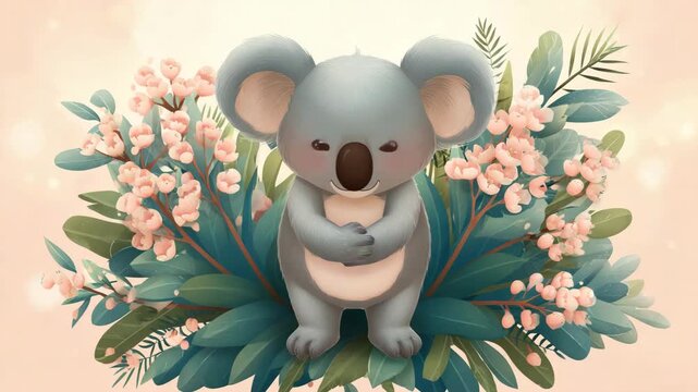 Cute cartoon koala character surrounded by eucalyptus leaves and delicate blossoms a charming illustration for children books