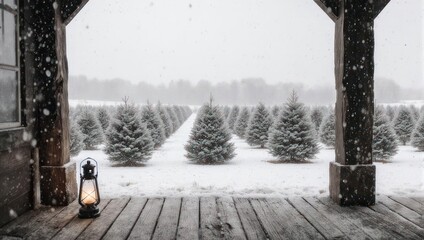 Fototapeta premium Winter Wonderland - Snowy Christmas Tree Farm View from Porch.