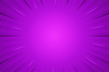 Fototapeta premium Abstract dark purple comic background. Art pop cartoon backdrop. Halftone effect pattern. Fun anime texture. Starburst manga. Mark popart radial gradient. Spiral, swirl, comic rays