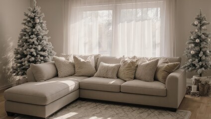 Fototapeta premium Cozy Living Room with Flocked Christmas Trees and Sectional Sofa.