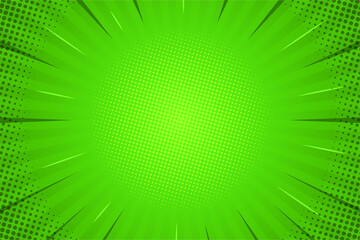 Abstract green comic background. Art pop cartoon backdrop. Halftone effect pattern. Fun anime texture. Starburst manga style bg. Mark popart radial gradient. Spiral, comic rays © Abhi