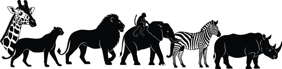African wildlife animals silhouette illustration featuring giraffe lion elephant zebra rhinoceros monkey safari nature conservation concept © Mst