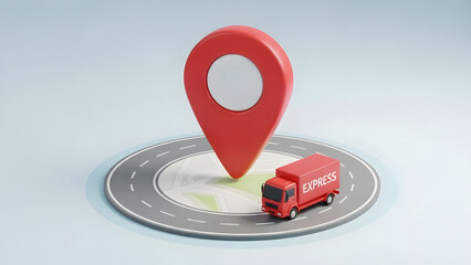 Express Delivery Truck with GPS Location Pin on Circular Road Map. Logistics and Shipping Service Concept.