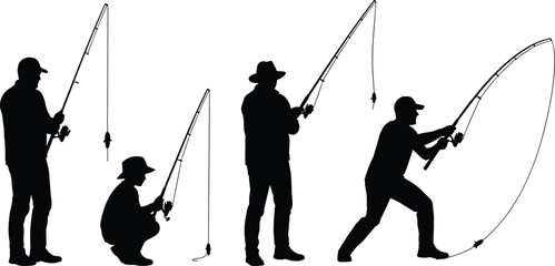 Fishing men silhouettes illustration showing anglers with rods in different poses outdoor sport hobby activity concept