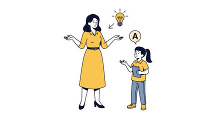 Illustration of a female teacher explaining a bright idea to a young student using hand gestures