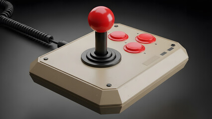 Retro Arcade Joystick Controller with Red Ball Top and Buttons. Vintage Gaming Peripheral.