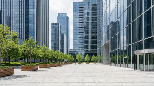 Urban Oasis: An expansive urban landscape featuring contemporary glass skyscrapers and manicured trees, highlighting the architectural marvel and providing a tranquil and modern atmosphere.