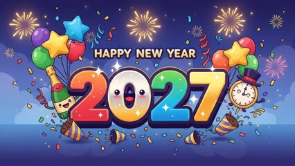 Festive New Year 2027 greeting with animated numbers, balloons, and fireworks