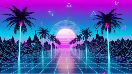 Fototapeta premium Vaporwave Palm Trees and Neon Lights Aesthetic Landscape.