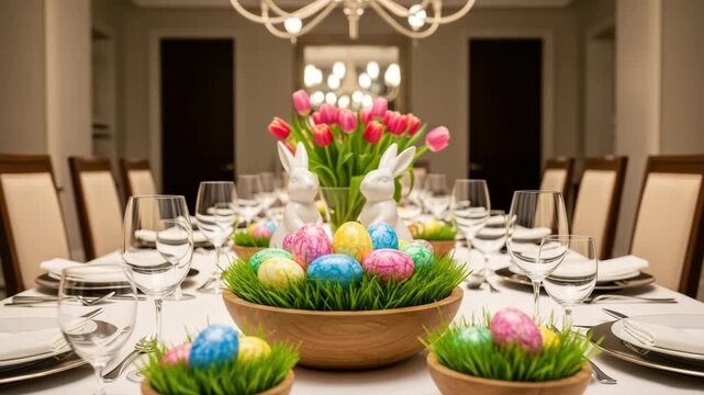 Easter Table Setting: An elegant and inviting Easter table setting, adorned with colorful eggs, charming bunny figures, and fresh spring flowers.