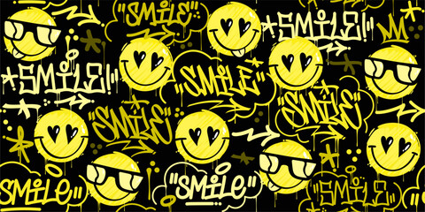 Trendy Seamless Abstract Street Art Graffiti Style Happy Smiling Faces Vector Background Template