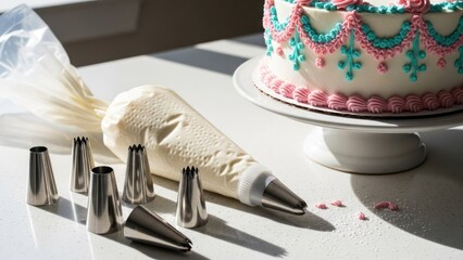 Frosted cake nearby piping bag, metal tips on bright countertop