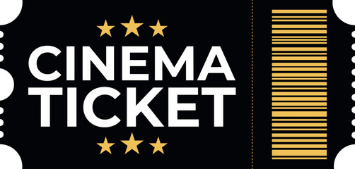 Cinema ticket with stars and barcode graphic design for movie event admission isolated on black background