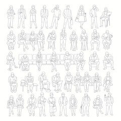 Diverse Crowd of People Standing and Sitting Figures in Line Art.