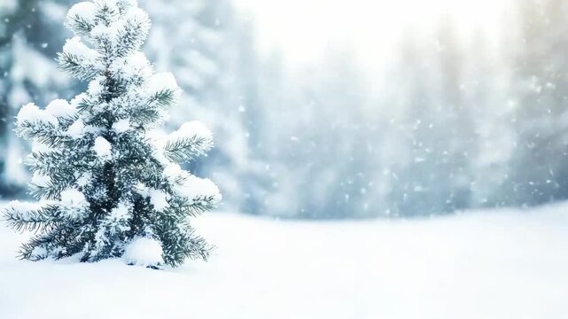 Snowy Spruce and Winter Landscape: A pristine evergreen, blanketed in a heavy coat of snow, stands steadfast in a serene winter wonderland, invoking a sense of tranquility and natural beauty. 