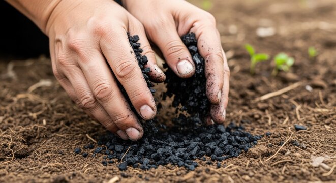 Medium shot of hands spreading nutrientrich biochar on soil highlighting sustainable carbon storage techniques in agriculture.