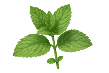 Fresh green mint sprig with water drops, natural herb for cooking and refreshing drinks on transparent background