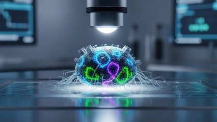 Glowing virus model under microscope in a futuristic lab, clinical research